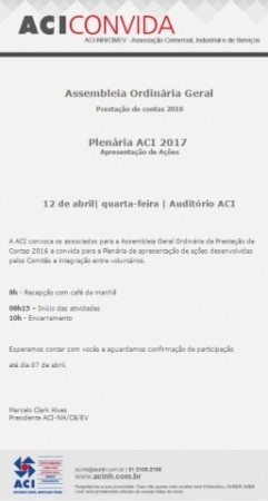 Assembleia Geral Ordinária e Plenária acontecem dia 12 de abril na ACI