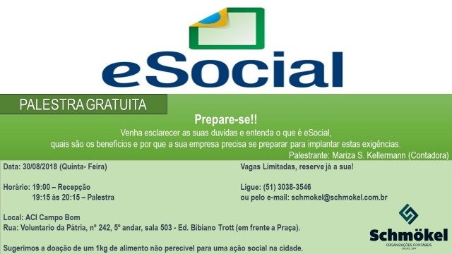Organizações Contábeis Schmökel promove palestra eSocial nesta quinta-feira, 30 de agosto