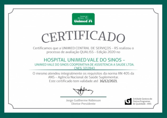 Hospital Unimed Vale do Sinos conquista Certificado Qualiss