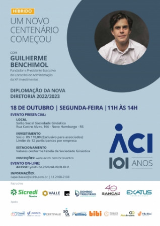 Diplomação de nova diretoria e talk show com Guilherme Benchimol marcam comemoração dos 101 anos da ACI, na próxima segunda-feira. Em função do decreto estadual, certificado de vacinação da Covid-19 será exigido para acesso ao evento