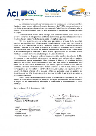 Em carta aos vereadores, entidades empresariais manifestam apoio a projetos de reforma do IPASEM