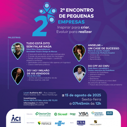 2° Encontro de Pequenas Empresas ocorre dia 15 de agosto com quatro palestras para inspirar participantes