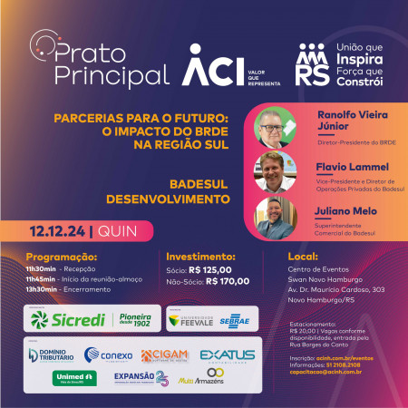 Prato Principal terá palestras de dirigentes do BRDE e do Badesul, nesta quinta-feira