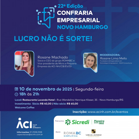 Lucro não é sorte é tema da próxima Confraria empresarial Novo Hamburgo