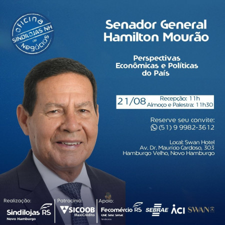 Senador general Hamilton Mourão faz palestra em NH, no dia 21