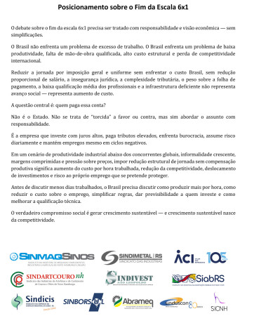 Entidades empresariais divulgam posicionamento contrário ao fim da escala 6x1